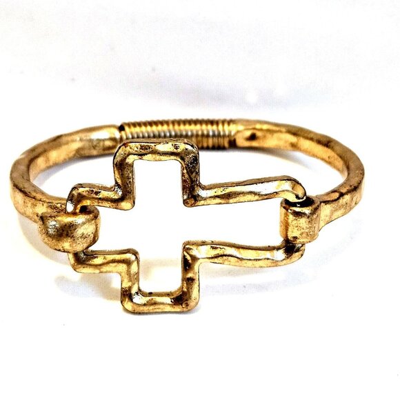 Gold Tone Hammered Cross Coil Spring Hook Bangle Bracelet - Picture 1 of 3